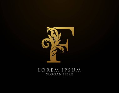 Klasik F Harfi Simgesi. Lüks Altın Alfabe Sanatları logosu. Kitap tasarımı için klasik amblem, marka adı, mühür, restoran, butik, noter, otel.  
