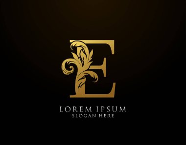 Klasik E Harfi Simgesi. Lüks Altın Alfabe Sanatları logosu. Kitap tasarımı için klasik amblem, marka adı, mühür, restoran, butik, noter, otel.  