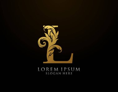 Klasik L Harfi Simgesi. Lüks Altın Alfabe Sanatları logosu. Kitap tasarımı için klasik amblem, marka adı, mühür, restoran, butik, noter, otel.  