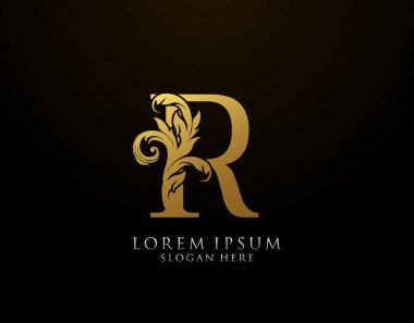 Klasik R Harfi Simgesi. Lüks Altın Alfabe Sanatları logosu. Kitap tasarımı için klasik amblem, marka adı, mühür, restoran, butik, noter, otel.  