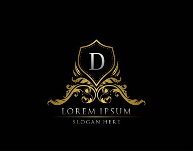 D harfi logolu lüks butik rozet. Butik, Kraliyet, Mektup Damgası, Otel, Heraldik, Mücevher, Düğün için zarif bir kalkan tasarımı.