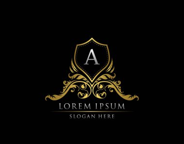 Üzerinde harf logosu olan lüks butik rozet. Butik, Kraliyet, Mektup Damgası, Otel, Heraldik, Mücevher, Düğün için zarif bir kalkan tasarımı.