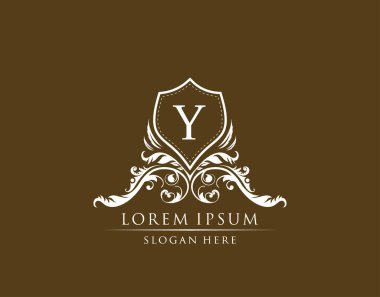 Y harfi logolu lüks butik rozet. Butik, Kraliyet, Mektup Damgası, Otel, Heraldik, Mücevher, Düğün için zarif bir kalkan tasarımı.