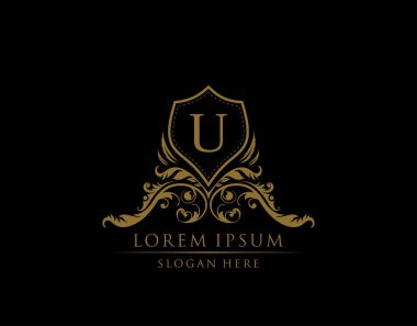 Lüks Butik Rozet ve Senet logosu. Butik, Kraliyet, Mektup Damgası, Otel, Heraldik, Mücevher, Düğün için zarif bir kalkan tasarımı.