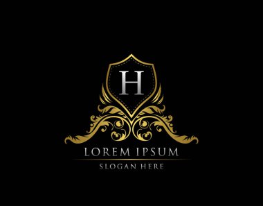 H harfi logosu olan lüks butik rozet. Butik, Kraliyet, Mektup Damgası, Otel, Heraldik, Mücevher, Düğün için zarif bir kalkan tasarımı.