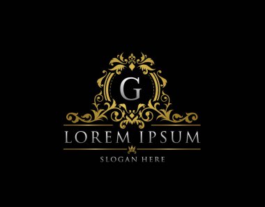 G harfli Kraliyet Butik Rozeti. Butik, Kraliyet pulu, Otel, Heraldic, Mücevher, Düğün için Zarif Zarif Rozet Tasarımı..