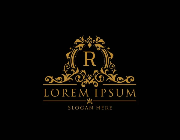 R harfli Kraliyet Butik Rozeti. Butik, Kraliyet pulu, Otel, Heraldic, Mücevher, Düğün için Zarif Zarif Rozet Tasarımı..