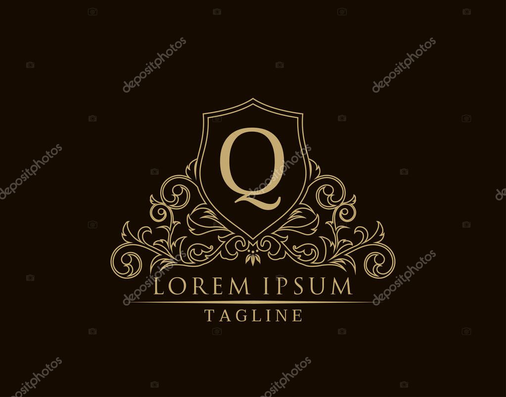 Luxury Royal Letter Q Logo Design, Elegant Shield With Out Line Floral Design.