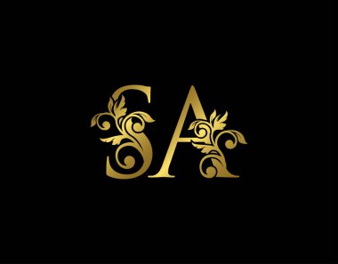 Altın S, A ve SA Lüks Mektup Simgesi. Zarif kraliyet tarzı. Lüks alfabe sanat logosu.