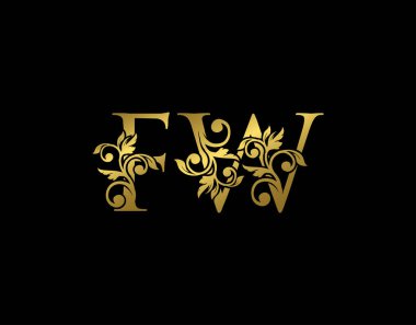 Altın F, W ve FW Lüks Mektup Simgesi. Zarif kraliyet tarzı. Lüks altın alfabe sanat logosu.