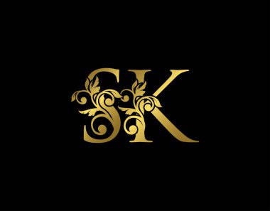 Altın S, K ve SK Lüks Mektup Simgesi. Zarif kraliyet tarzı. Lüks alfabe sanat logosu.
