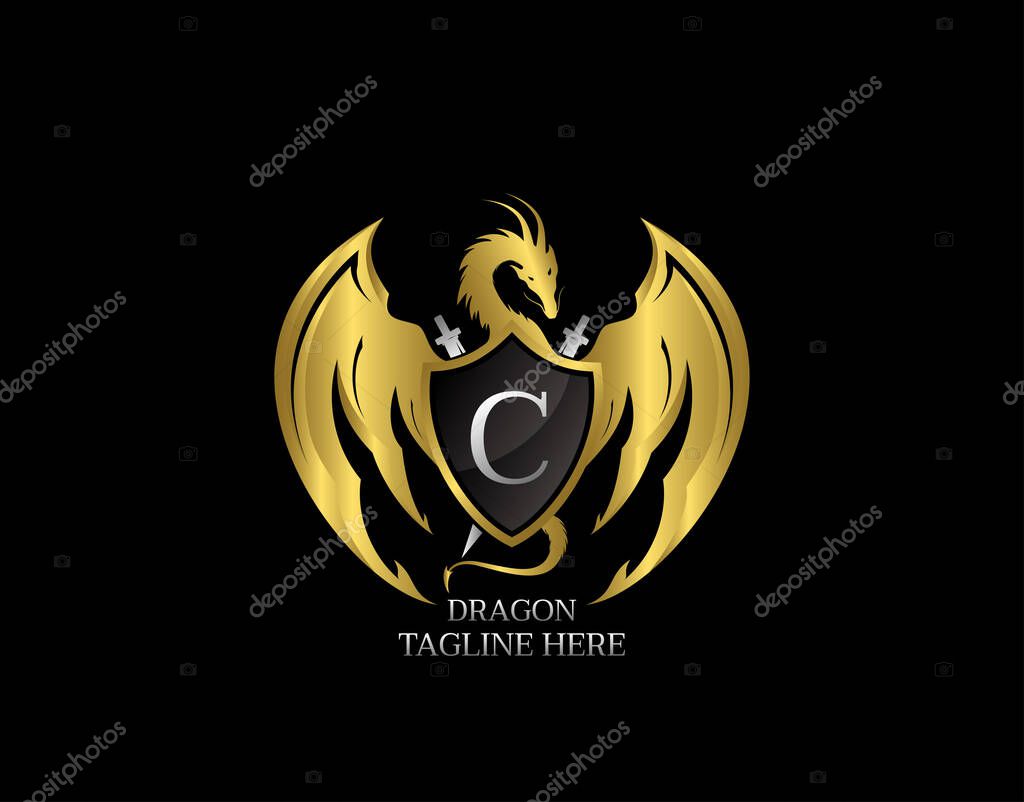 Dragon Emblem With Gold Shield and C Letter Design Logo Template.