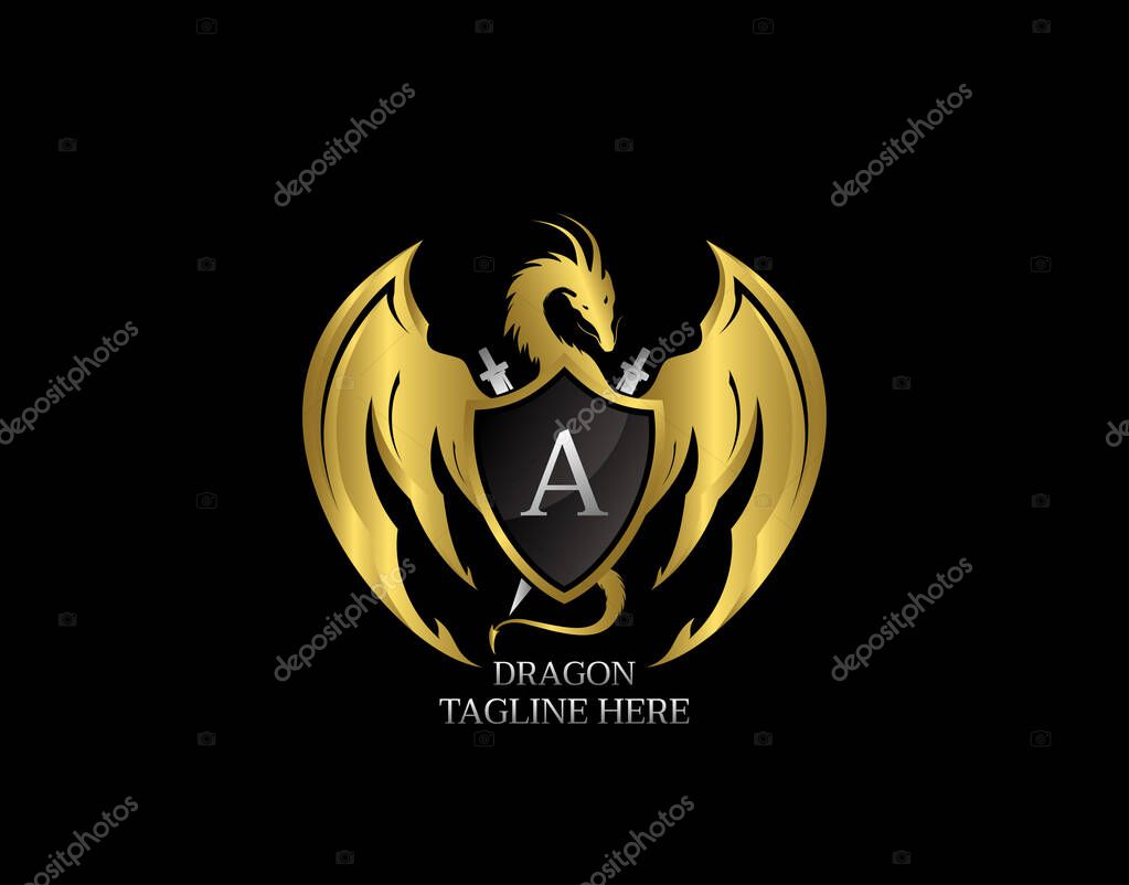 Dragon Emblem With Gold Shield and A Letter Design Logo Template.