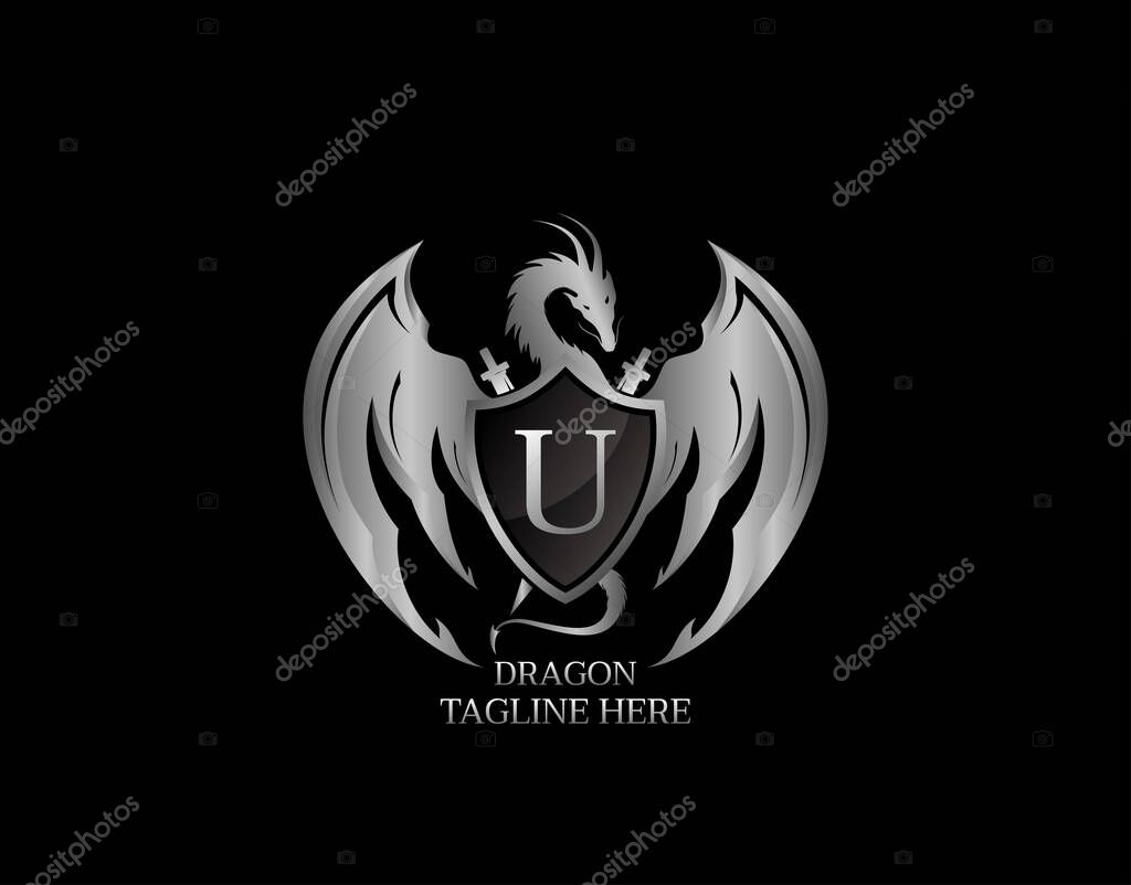 Silver Dragon Shield with U Letter Design Logo Template.