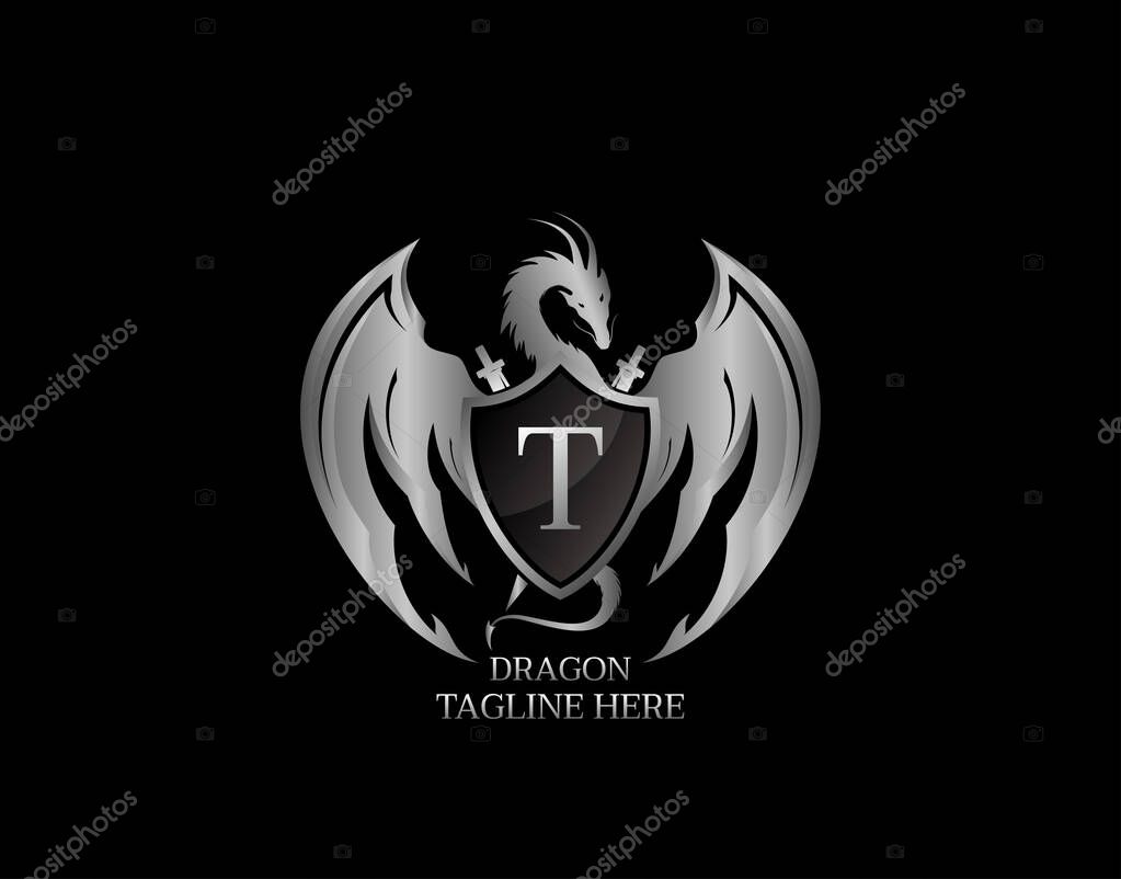 Silver Dragon Shield with T Letter Design Logo Template.