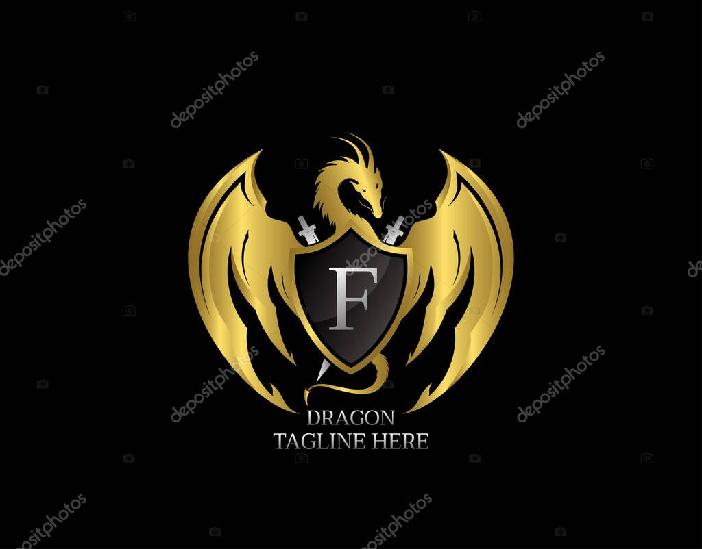 Dragon Emblem With Gold Shield and F Letter Design Logo Template.