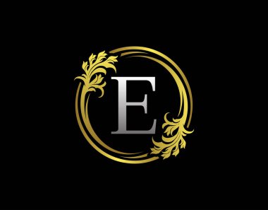 Lüks Çember E Harf Çiçek Logosu. Kraliyet Altın E Girdap Vektörü Simgesi.