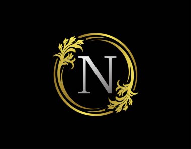Lüks Çember ve Harfli Çiçek Logosu. Kraliyet Altın N Girdap Vektörü Simgesi.
