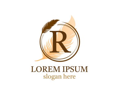 Tüylü harf R simgesi tasarımı, vektör tasarım konsept çember tüyü ilk lüks iş, firma, hukuk servisi, noter, butik ve daha fazla marka kimliği için harf içeren..