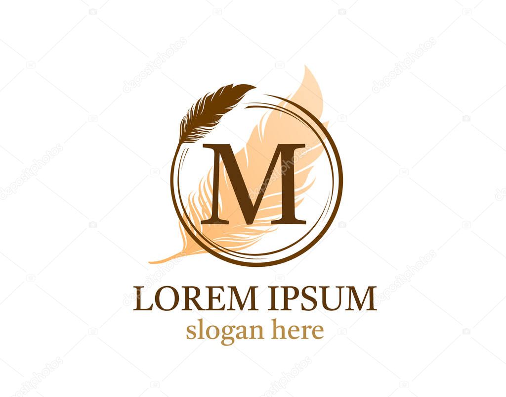 Feather letter M icon design, vector design concept circle feather with letter for initial luxury business, firm, law service, notary, boutique and more brand identity.