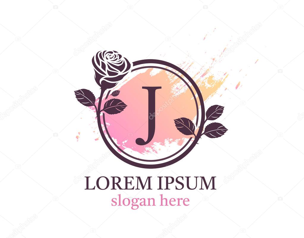 Letter J monogram logo. Circle floral style with beautiful roses. Feminine Icon Design.