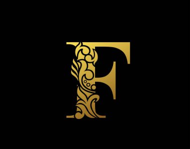 Altın Zarif F harfi Zarif Süslü Stil. Güzel kaligrafik logo. Kitap tasarımı için klasik amblem, marka adı, kartvizit, restoran, butik, otel.
