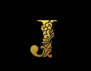 Altın Zarif J harfi. Zarif süsleme stili. Güzel kaligrafik logo. Kitap tasarımı için klasik amblem, marka adı, kartvizit, restoran, butik, otel.