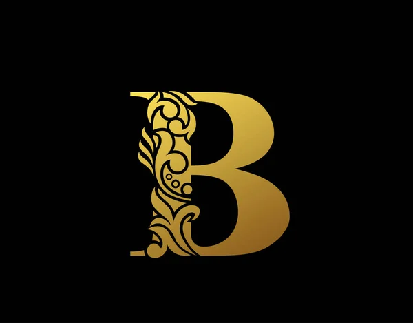 Altın Zarif harf B. Zarif süsleme stili. Güzel kaligrafik logo. Kitap tasarımı için klasik amblem, marka adı, kartvizit, restoran, butik, otel.
