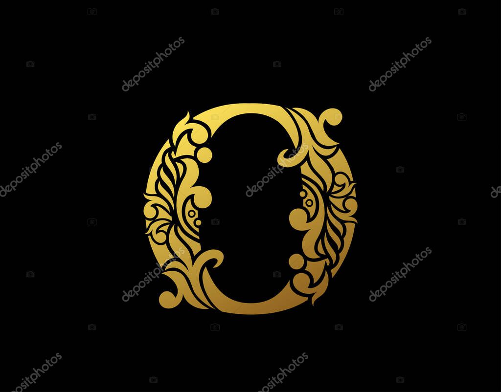 Golden Elegant letter O. Graceful Ornate style. Calligraphic beautiful logo. Vintage drawn emblem for book design, brand name, business card, Restaurant, Boutique, Hotel.