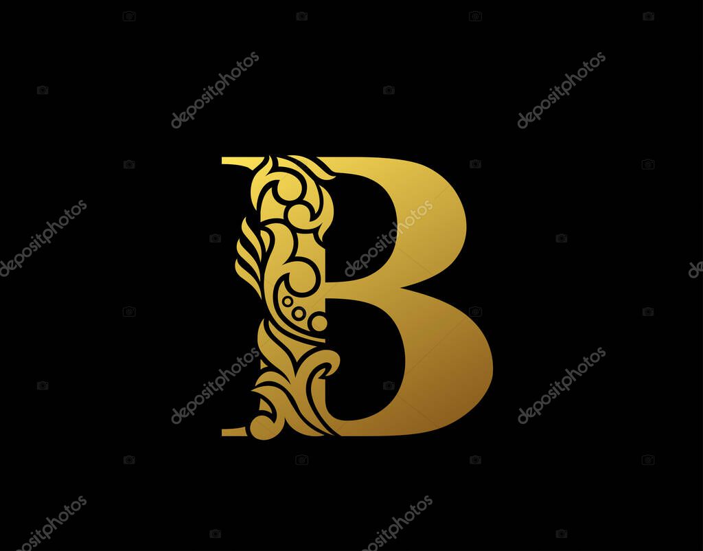 Golden Elegant letter B. Graceful Ornate style. Calligraphic beautiful logo. Vintage drawn emblem for book design, brand name, business card, Restaurant, Boutique, Hotel.