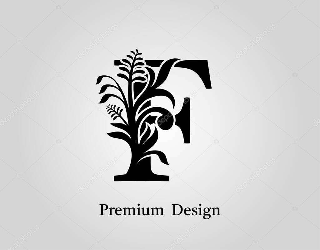 Elegant Letter F Floral Design. Vintage Calligraphic Alphabetical Icon for book design, brand name, stamp, Restaurant, Boutique, Notary, Hotel.