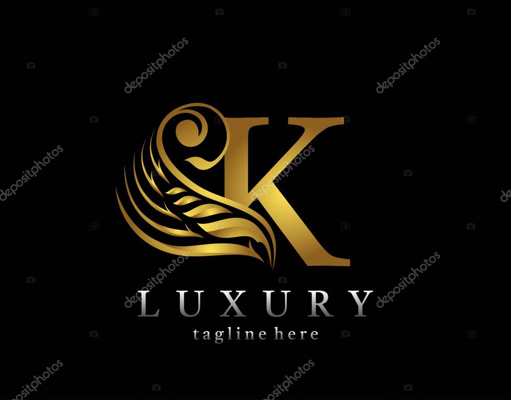 Golden initial K letter luxury beauty flourishes ornament monogram logo