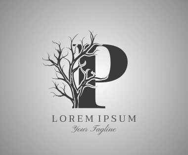 P harfi ile Ölü Ağaç Tasarımı Logosu Simgesi. Yaratıcı Alfabetik Ürkütücü Kuru Ağaç Brach Doğa Logosu Şablonu.
