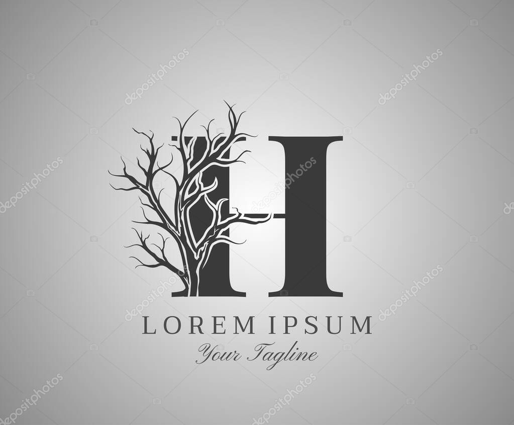 Letter H With Dead Tree Design Logo Icon. Creative Alphabetical Creepy Dry Tree Brach Nature Logo Template.