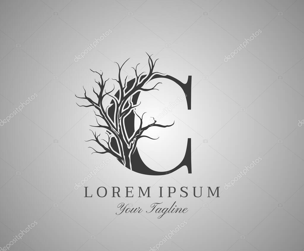 Letter C With Dead Tree Design Logo Icon. Creative Alphabetical Creepy Dry Tree Brach Nature Logo Template.