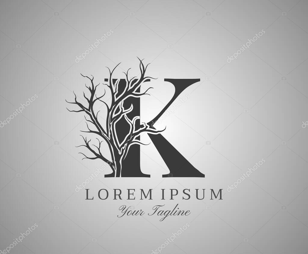 Letter K With Dead Tree Design Logo Icon. Creative Alphabetical Creepy Dry Tree Brach Nature Logo Template.