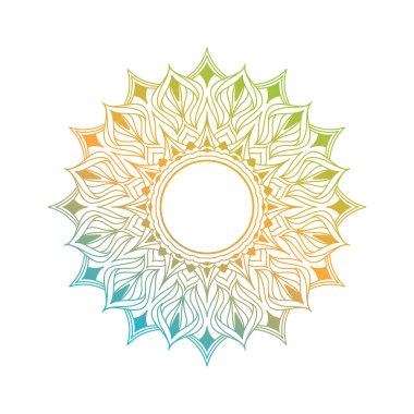 Çember Mandala çizgi tasarım elementi. Vektör çerçeve mandala canlı mavi, turuncu ve yeşil renklerde. Çiçek desenli yuvarlak mandala. 