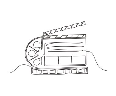 Continuous line drawing of movie clapper board and film reel. film flap retro design. clipart