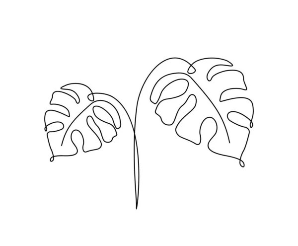 モンスターリーフの連続ライン 熱帯の葉輪郭線図面 白で区切られた1行のアウトライン図 現代のミニマリズムアート — ストックベクタ