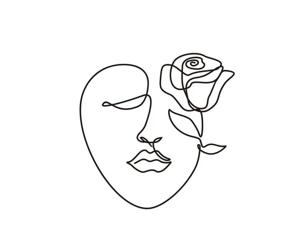 Línea Continua Caras Surrealistas Dibujo Caras Ilustración Vectores Flores Rosas — Archivo Imágenes Vectoriales