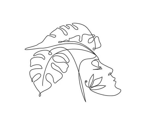 Continuous Line Surreal Faces Drawing Abstract Faces Monstera Leaf Vector — Stock Vector