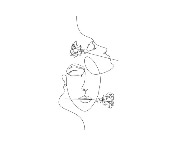 连续排列的超现实的脸 画的脸和玫瑰花 女子面容为一条线艺术风格 — 图库矢量图片