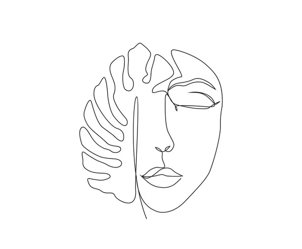 Continuous Line Surreal Faces Drawing Faces Monstera Leaf Women Faces — Stock Vector