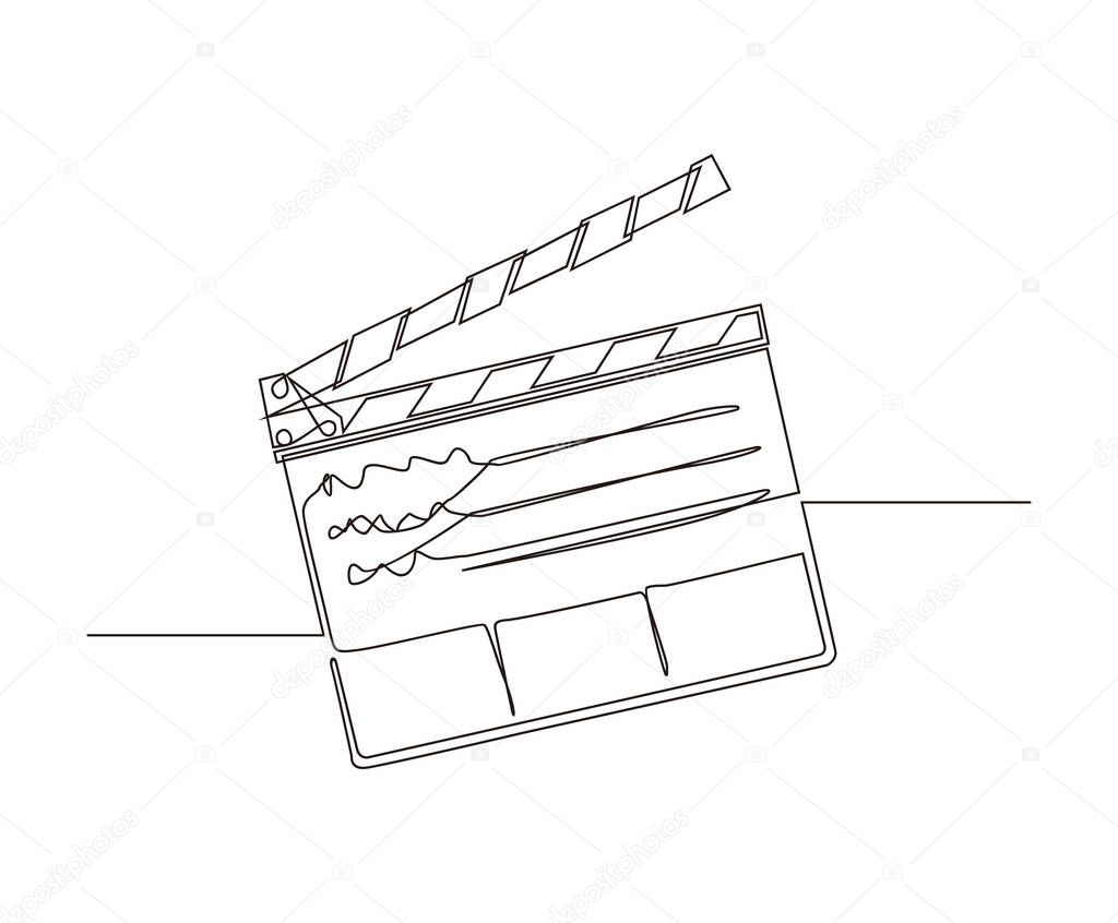 Continuous line drawing of movie clapper board. film flap out line design.