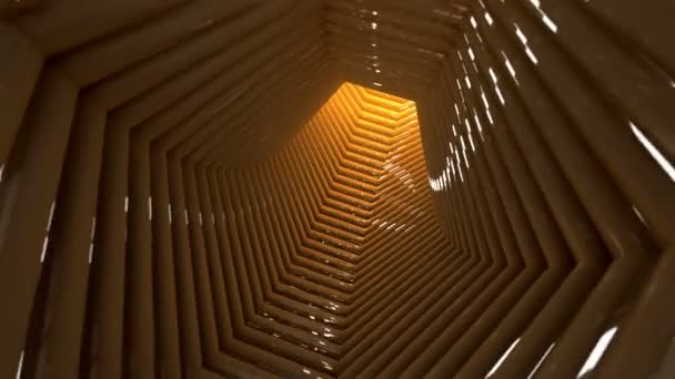 未来科技运动背景动画 不停的旋转和环绕着闪光的黄色隧道 光线反射 — 图库视频影像