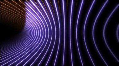 Parlayan mor ve altın kıvrımlı neon daire ışık demetleri hareket arkaplanı.