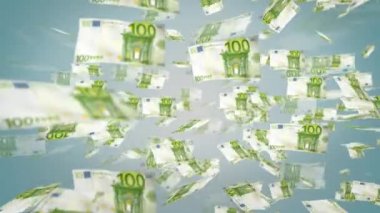 Havada yüzen 100 avroluk banknot koleksiyonu. Döngü, tam kapasite iş ve finans hareket arkaplanı.