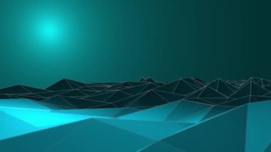 Retro bilim kurgu hareketli arka plan animasyonu: mavi bir gezegende düşük polimerli arazi üstgeçidi. Tam HD ve döngü.