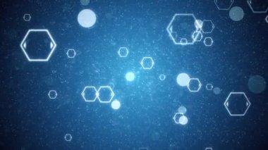 4K geometrik şekil, altıgenler, küreler ve mavi zemin üzerindeki parçacıklar ile hareket arkaplanı.
