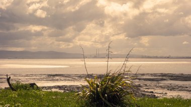 Dublin Körfezi 'nden Sutton, Dublin, İrlanda' dan Poolbeg Enerji İstasyonu 'na doğru bakın.. 